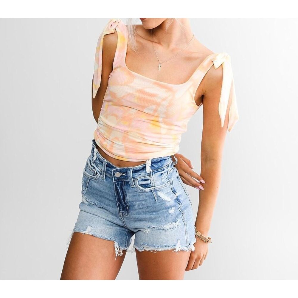 Free People Avenue Ruched Tank Top Tie Dye Pastel Colors Size Small Semi Sheer